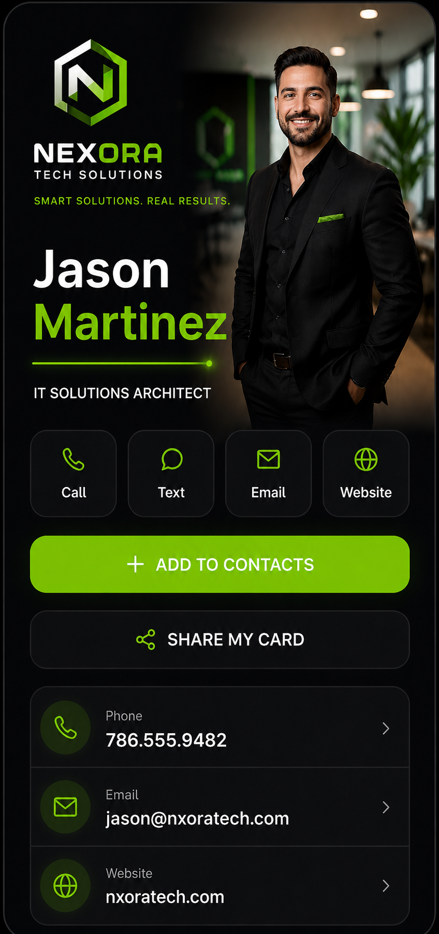 Aurora theme — a dark digital business card with a cutout portrait and glowing green accents