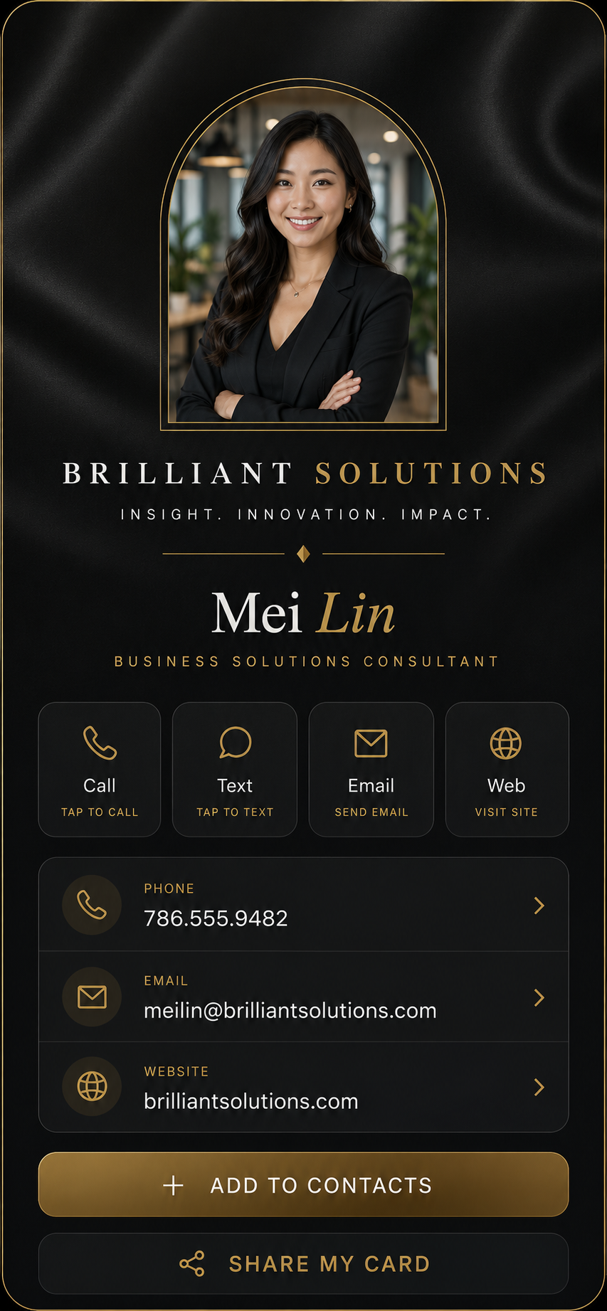 Ivory theme — a cream and gold digital business card with an arched portrait