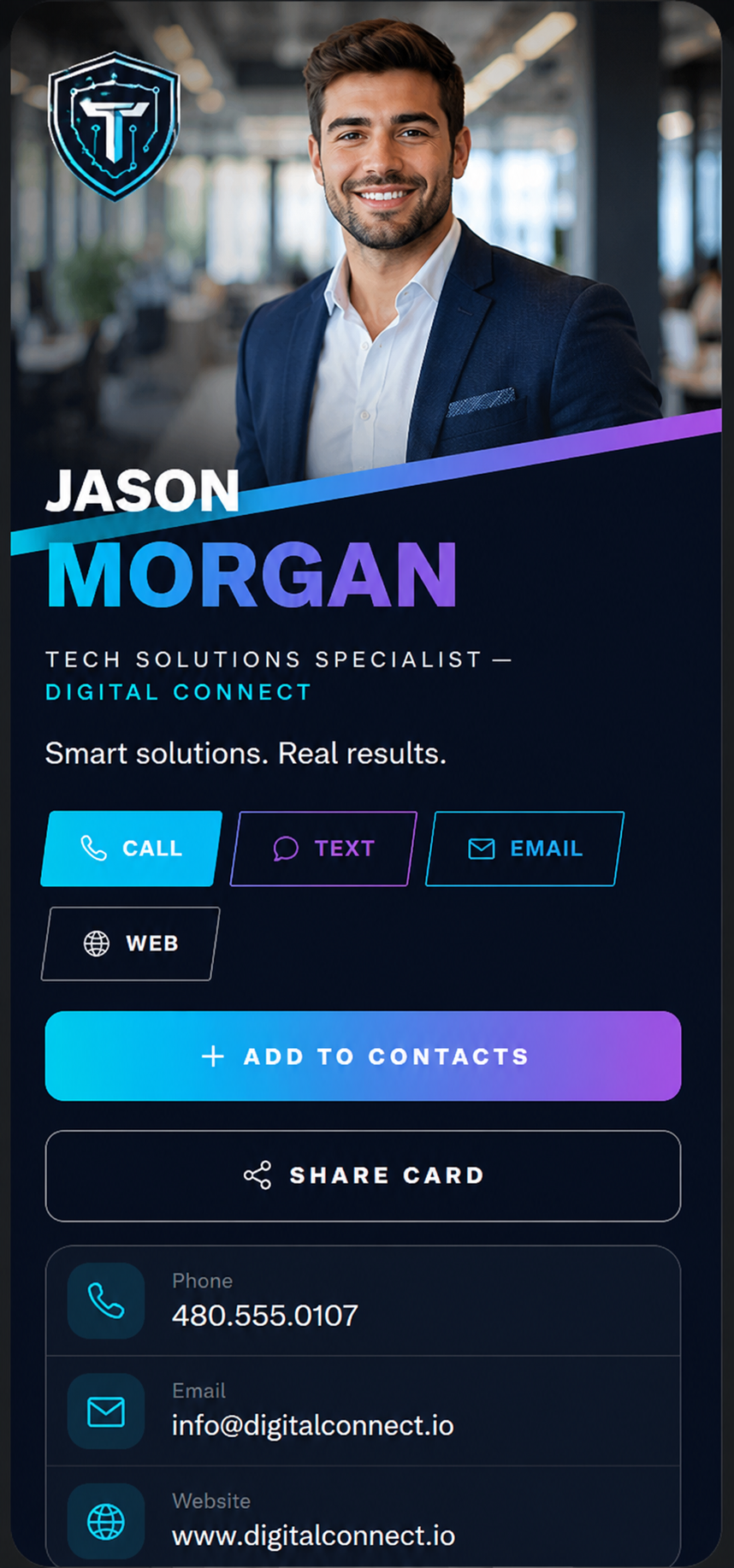 Sunset theme — a bold editorial digital business card with a diagonal photo crop